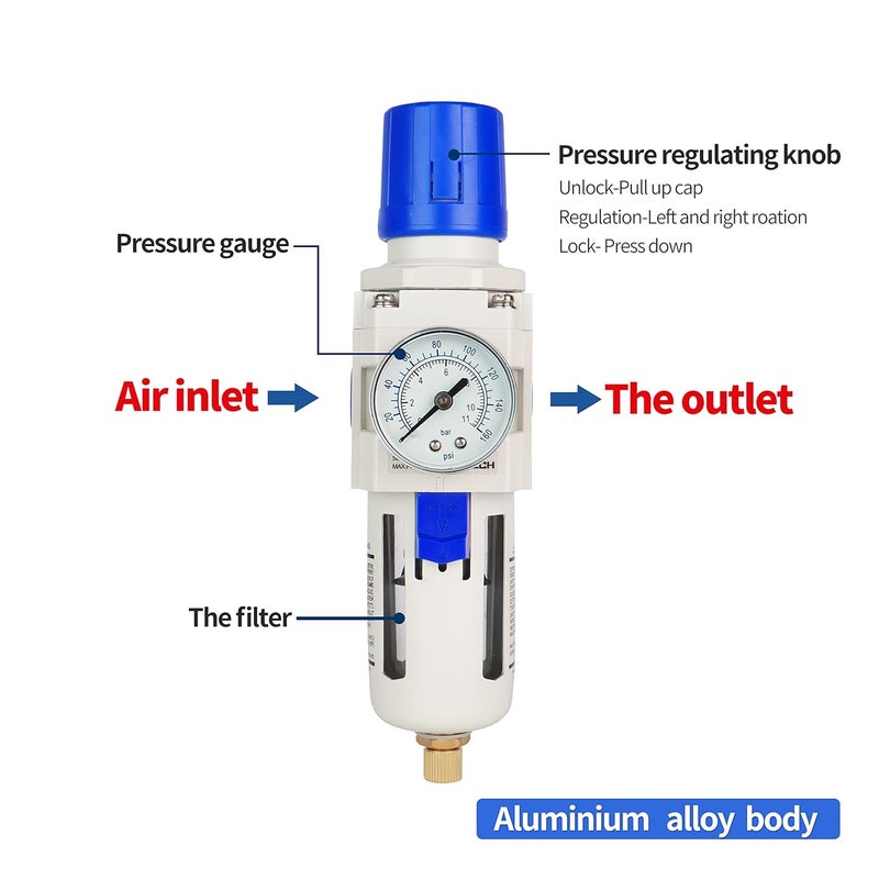 BLCH 3/8" NPT Air Dryer - Air Pressure Regulator, Air Compressor Filter AW3000-03 Semi-Auto Drain Poly Bowl Gauge 0-160 PSI 5μm Brass - Image 5